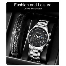 Модные роскошные кварцевые мужские часы из нержавеющей стали с кожаным брелком